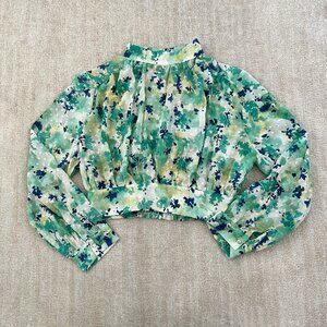 Floral Boho Sheer Long Sleeve Crop Top Blouse